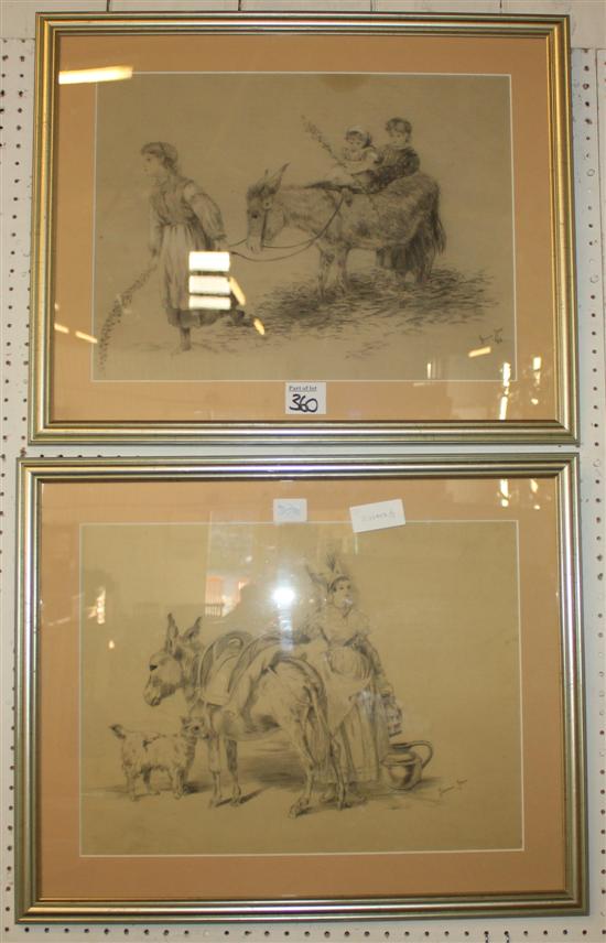 Pair pencil drawings, figures and donkeys